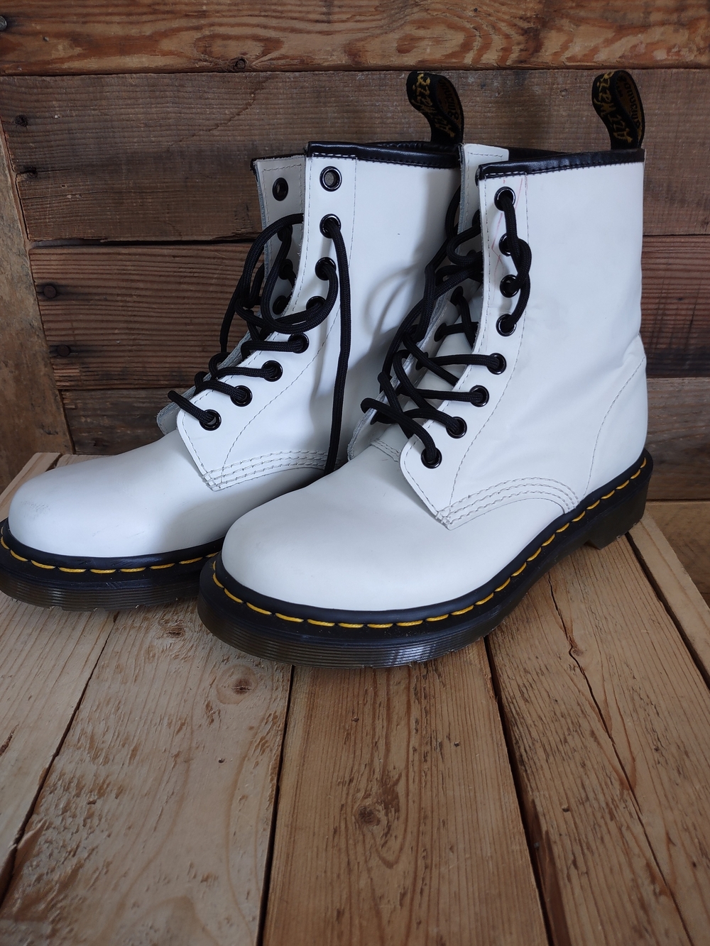 White Dr. Martens Boots with Yellow Stitching